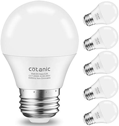 Cotanic A15 LED Bulb, Ceiling Fan Bulbs 6W (60W Equivalent),4000K Natural Daylight,E26 Standrad Base Light,600lm,CRI 80+ LED Globe Shape Bulb,Non-Dimmable,6 Packs