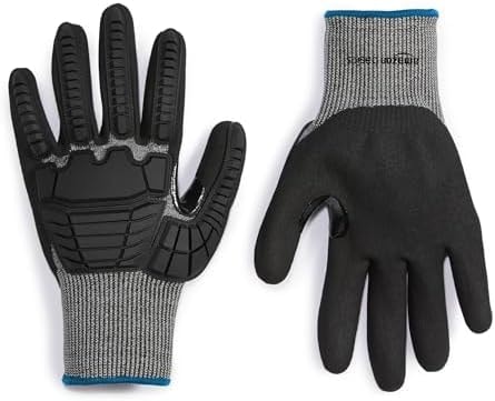 Amazon Basics Impact Protection Work Gloves, Cut Level A2, ANSI Level 4 Abrasion, Touchscreen Compatible, 15G Sandy Nitrile Palm, Medium, Black with Blue Edge