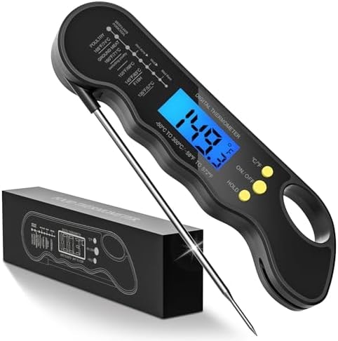 Instant Read Meat Thermometer, Fast & Accurate Digital Food Thermometer with Backlight, Waterproof & Magnet for Grilling, Cooking, BBQ, Smoker, Baking, and Candy Making (Black)