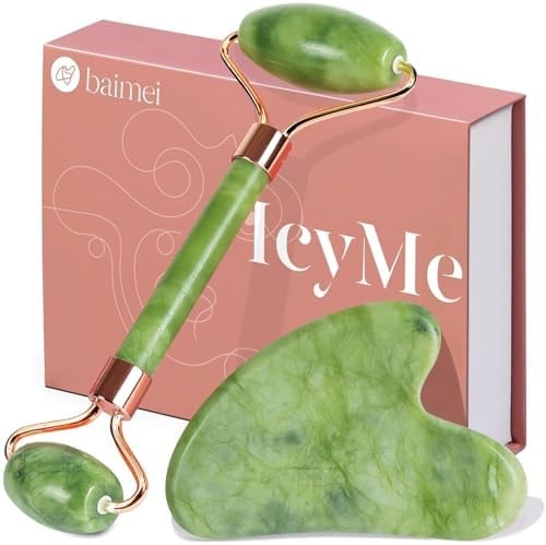 BAIMEI IcyMe Gua Sha & Jade Roller Set, Cooling Face Roller & Guasha Tool for Face Depuffing, Facial Sculpting & Jawline Definition, Smooth Rolling Skincare Tools Gifts for Women & Men – Green