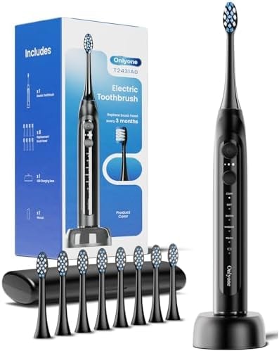 Onlyone Electric Toothbrush for Adults, Rechargeable Electric Toothbrush with 8 Brush Heads, Travel Case, Charging Base & Wireless Charging - 5 Modes with Smart Timer