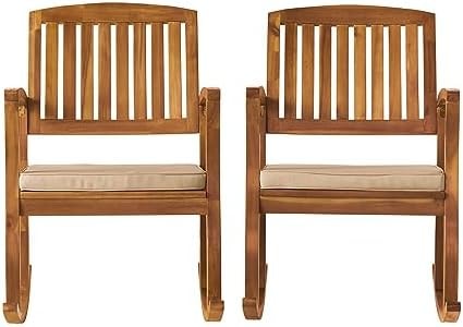 Christopher Knight Home Selma Acacia Rocking Chairs with Cushions, 2-Pcs Set, Teak Finish