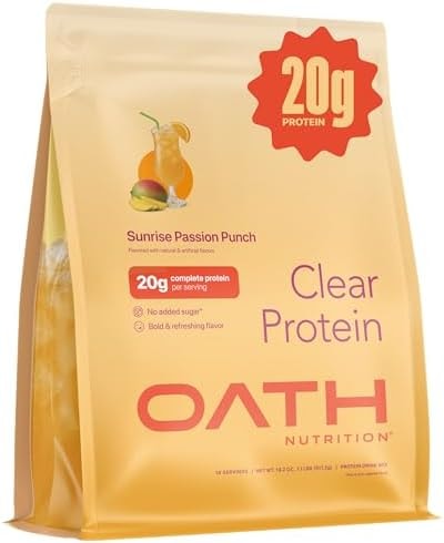 Oath Nutrition Clear Whey Isolate Protein Powder, Sunrise Passion Punch, 20g Complete Protein per Serving, No Added Sugar, Grass-Fed, 18 Servings