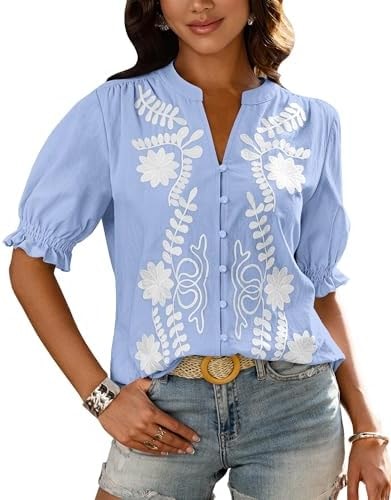 BTFBM Women's 2026 Summer Tops Dressy Casual Floral Boho Embroidered Blouse