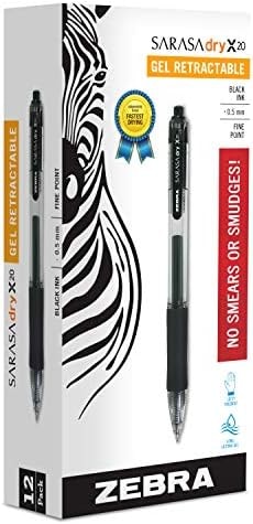 Zebra Pen Sarasa Dry X20 Retractable Gel Pen, Fine Point, 0.5mm, Black Ink, (Pack of 6, 72 Count Total)