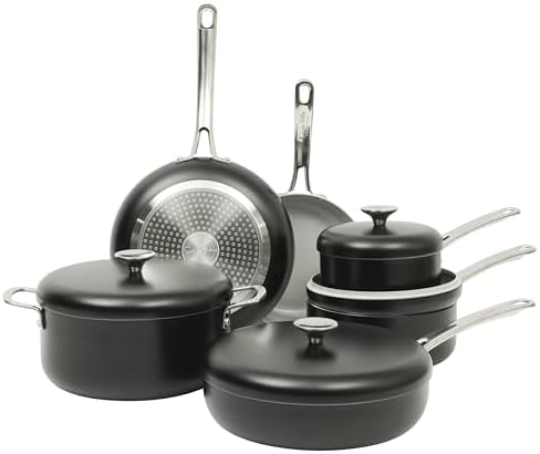 Sur La Table Kitchen Essentials Potluck Porch 10 Piece PFA Free Ceramic Non stick Interior Forged Aluminum Cookware Pots and Pans Set W/Aluminum Lids - Black - Induction Compatible