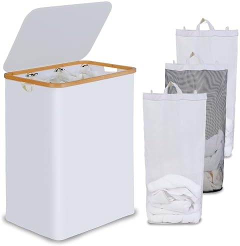 efluky Laundry Hamper 3 Section with lid and 3 Removable Bags, White