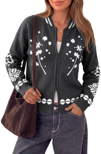 ECOWISH Crewneck Zip up Sweaters for Women Casual Floral Cardigan Jacket 519Dark Grey L