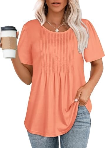 Womens T Shirts Short Sleeve Tops Dressy Casual Blouses Pleated Front Summer Outfits 2026, Orange Color, XL