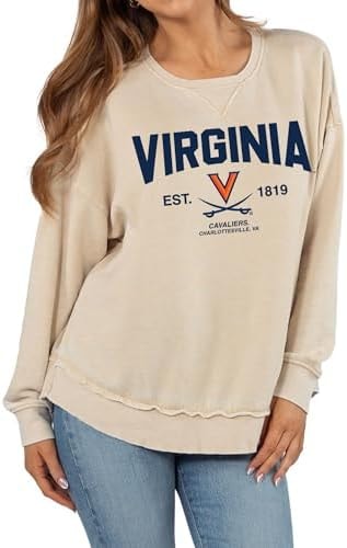 chicka-d Women's Burnout Hi-Lo Campus Crewneck Fleece Sweatshirt NCAA Arch Over Icon Neutral, Virginia Cavaliers, Oatmeal, Large