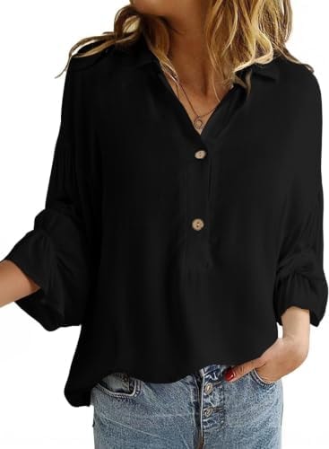 Astylish Women's Dressy Casual Blouses Business Work Linen Tunic Spring Summer Tops Beach Cute Long Lantern Sleeve V Neck Button-Down Henley Shirts Black Small