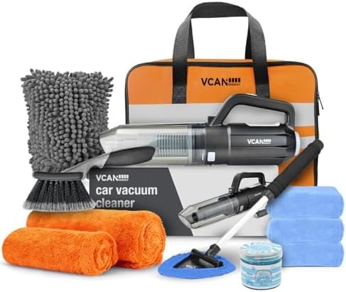 VCANENERGY Car Cleaning kit, Car Interior Detailing kit with 10000pa Car Vacuum Cleaner, Wheel Brush, Windshield Cleaner Tool, Microfiber Towel, Wash Mitt, Interior and Exterior Car Wash kit with Bag