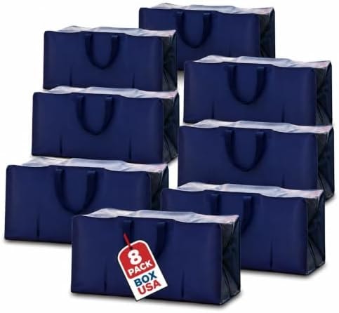 BOX USA 8-Pack Moving Bags with Strong Handles & Zippers - Heavy Duty Extra Large Packing Bags for Storage, Moving Boxes, Dorm & College Supplies, Blue