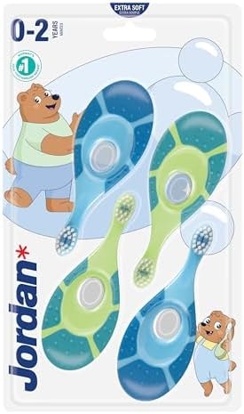Jordan* | Step 1 Baby Toothbrush | 0-2 Years, Soft Bristles, BPA Free | Green & Blue | 4 Pack