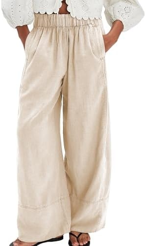 SeeLuNa Pants for Women Baggy Boho Casual Palazzo Pants Wide Leg Long Lounge Trousers with Pockets(Apricot, XS)