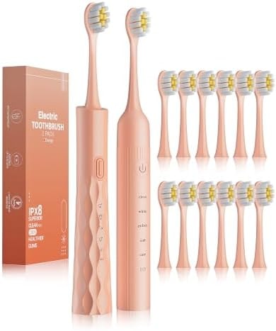 Aneebart 2 Pack Electric Toothbrush for Adults, USB Rechargeable Sonic Toothbrush with 12 Brush Heads, Smart Timer, 5 Modes, 2-Hour Fast Charge Last 30 Days