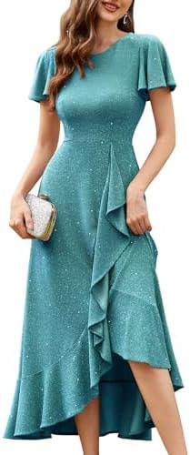 Womens Sparkly Dresses for Women Ruffle Midi Cocktail Dress Light Blue L