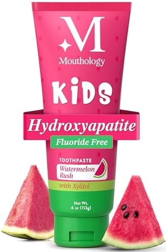 Mouthology Hydroxyapatite Kids Toothpaste Fluoride Free with Xylitol, Non Toxic Fluoride Free Toothpaste for Kids, All Ages (1-3), (3-6) & (6-12) Watermelon, 4oz