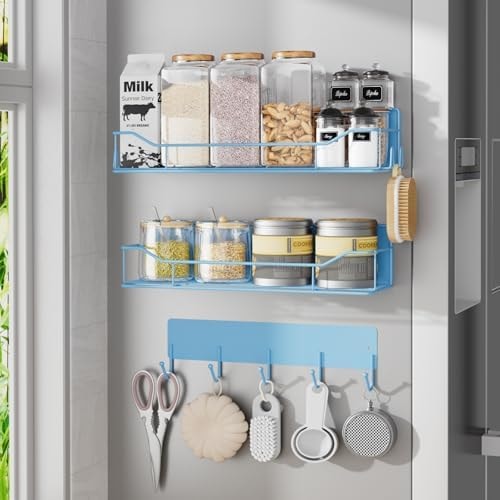 IYEBAU Magnetic Spice Rack for Refrigerator, 3 Pack Metal Magnet Spice Organizer Shelf with Hook Rack, Magnetic Fridge Shelves for Kitchen Organization and Storage, Seasoning Organizer Gadgets (Blue)