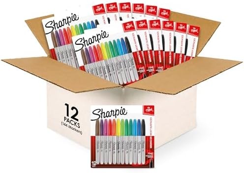 Sharpie Permanent Markers, Fine Tip, Assorted Colors, 144 Markers Total (12 Packs of 12)