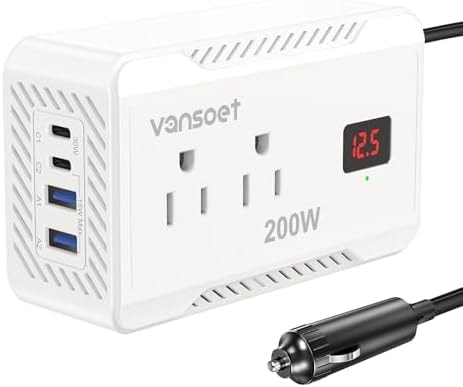 Vansoet 200W Car Power Inverter DC 12V to 110V AC Converter with [PD 30W & 15W] Fast Charging USB C/3.0A Dual USB Charging Ports, Car Outlet Adapter for Phone, Laptop on Road Trip (White)