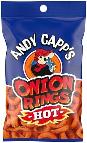 Andy Capp's Beer Battered Onion Rings Baked Oat and Corn Snacks, Hot, 2 oz.