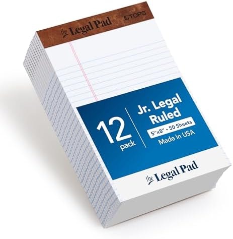 TOPS Legal Pads, 12 Pack, 50 Jr. Legal Ruled 5" x 8" Sheets, Bright White Paper with Firm Back, Small Portable Notepads, Proudly Made in the USA