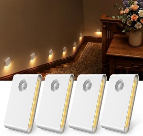 EZVALO 4 Pack Motion Sensor Night Lights Indoor, Rechargeable 1500mAh LED Stair Lights with Magnetic & Dimmable, Auto On/Off 3000K Soft White, Adhesive No Drill for Stairs, Hallway, Bathroom, Closet