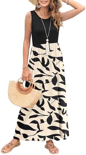 MISFAY Women's Crewneck Sleeveless Summer Maxi Dress Apricot Black Leaf