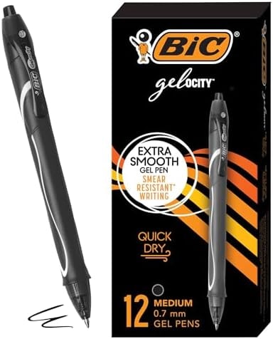 BIC Gelocity Quick Dry Black Gel Pens, Medium Point (0.7 mm), Supplies for Students and Teachers, with Full Grip, 12-Count Pack in Black