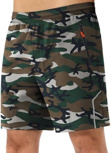 3rd hill Men's 7 inch Running Shorts with Zipper Pockets Quick Dry Athletic Gym Workout Shorts Lightweight Green Camo S