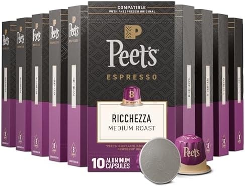 Peet's Coffee, Medium Roast Espresso Capsules, Compatible with Nespresso Original Machine, 100% Arabica Coffee - Ricchezza Intensity 8, 100 Count (10 Boxes of 10 Espresso Capsules)