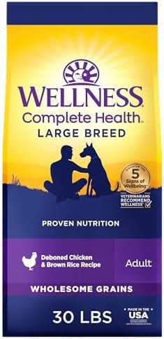 Wellness Complete Health Large Breed Adult Dry Dog Food, Wholesome Grain Kibble, Natural, Chicken and Brown Rice Recipe, 30 lb Bag