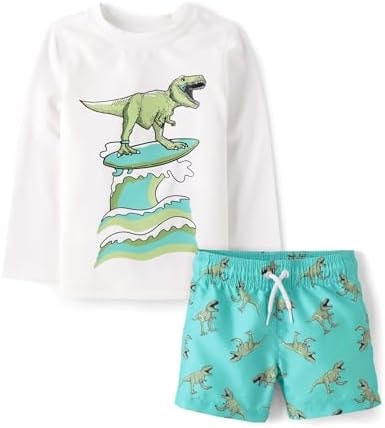 The Children's Place,Baby Boys,and Toddler Long Sleeve Rashguard and Swim Trunks, 2 Piece Set,Surfing Dino,6 Months,9 Months