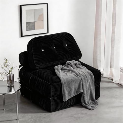 NESLAKO Folding Sofa Bed, Flannel Futon Couch Bed with Pillow and Blanket, Convertible Sleeper Chair for Small Space Apartment Guest Room, Black