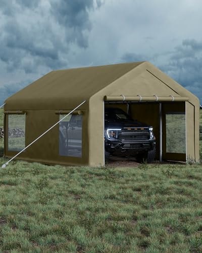 Garvee 12x20 ft Portable Garage, Car Port with 200 g PE Tarp Canopy, with 2 Roll-Up Doors and 4 Windows, for Temporary Paint Booth, Boats&Pickups Shed, and Event Shelter, Khaki