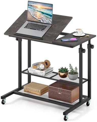GIANTEX Mobile Standing Desk, Adjustable Rolling Computer Desk w/Tilting Desktop & Storage Shelves, PC Laptop Table, Small Compact Desk on Wheels for Small Space, Living Room & Bedroom (Black Oak)