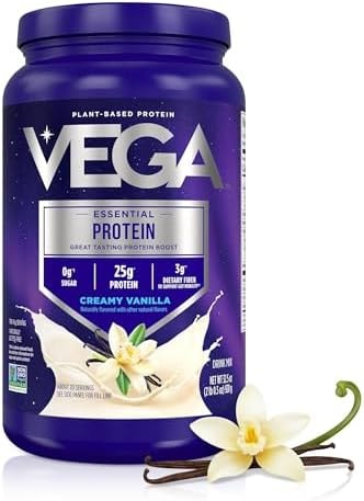 Vega Essential Protein – 25g Plant Based Protein Powder, Creamy Vanilla, Vegan for a Dairy-Free Vanilla Shake – Large Tub, 32.5oz (20 Servings)