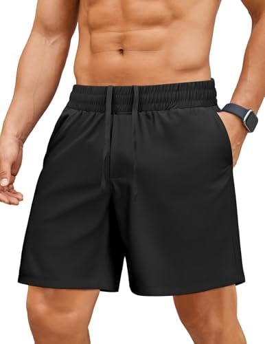 PINSPARK Men's Gym Workout Shorts - 7" Quick Dry Running Athletic Shorts with Towel Loop and Zipper Pockets Black M