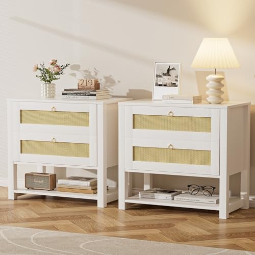 SYESWAY Nightstands Set of 2, White Night Stand with 2 Rattan Drawers and Open Storage Shelf, Large Bed Side Table End Tables for Bedroom, Living Room