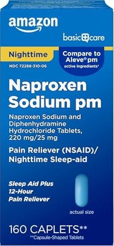 Amazon Basic Care All Night Pain Relief PM, Naproxen Sodium 220 mg/Diphenhydramine Hydrochloride 25 mg Tablets, Pain Reliever/Nighttime Sleep-Aid, 160 Count
