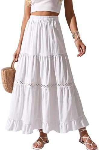 Zelroxa Womens White Long Maxi Cotton Summer Boho Tiered A Line Skirts