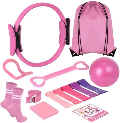 Pilates Kit for Home Workouts for Women-12-Piece Equipment Set with Ring,Yoga Ball,5 Resistance Bands,Figure-8 Band,Arm Stretcher,Grippy Socks,Storage Bag for Toning,Strength & Flexibility (Pink)