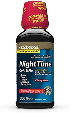 GoodSense Nighttime Cold & Flu Liquid, Cherry, 12 Fl Oz