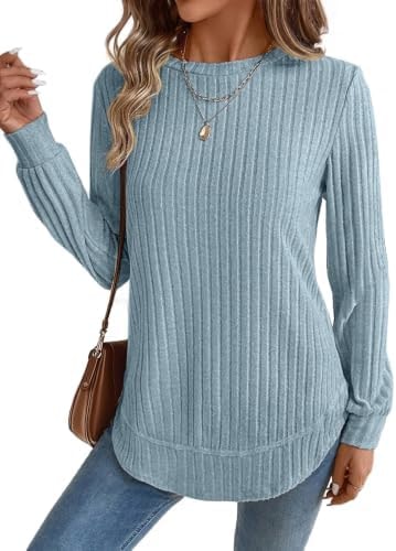 Long Sleeve Tunic Tops for Women Lightweight Crewneck Sweaters Blue M
