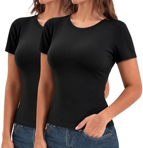 Walifrey Womens Short Sleeve Crop T Shirt 2 Pack, Black/Black M