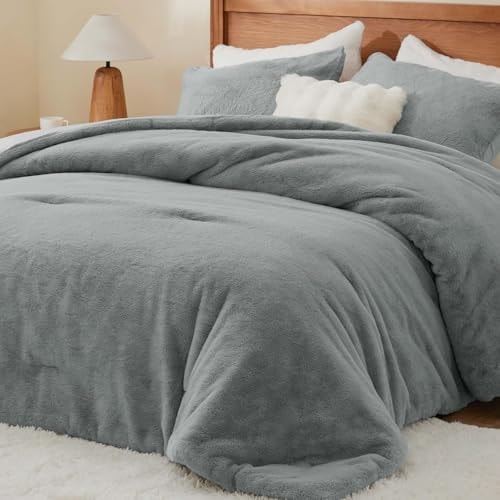 BEDELITE Faux Fur Queen Comforter Set Grey,Warm Bedding with 2 Pilowcases