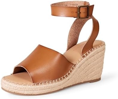 Amazon Essentials Women's Comfortable Ankle Strap Wedge Espadrille Sandal, Memory Foam, Tan, 8