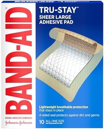 Band-Aid, Brand Tru-Stay Adhesive Pads, Large Sterile Sheer Bandages for First Aid and Wound Care, Large Pad Covers and Protects Minor Cuts, Scrapes and Burns, Lightweight, Large Size, 10 Count