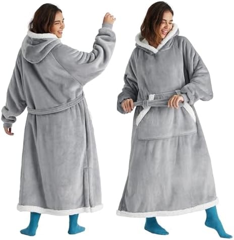 Bedsure Wearable Blanket Hoodie, Long Hooded Blanket Sweatshirt as Birthday Gifts for Women and Men, Cozy Sherpa Hoodie for Adult, Standard, Grey